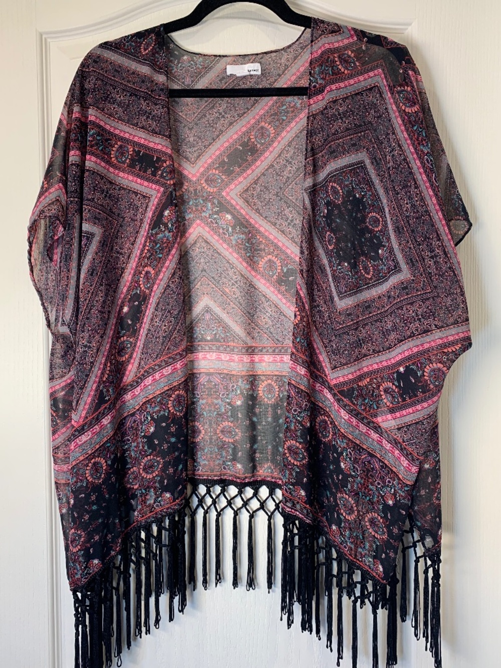 Boho Fringe Sheer Kimono Paisley Festival Beach Cover Up Open Front OS Garage